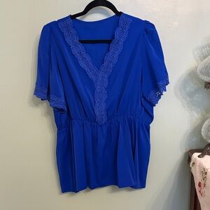 Royal Blue Lace-Trim V-Neck Blouse